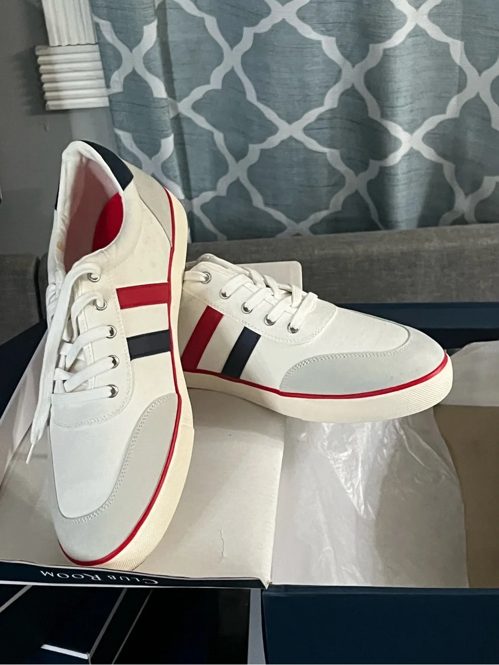 Club Room Men’s White Sneakers with Red and Black Stripes